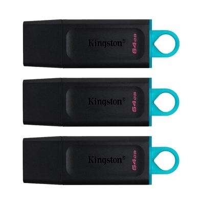 Kit 3 Pen Drives DataTraveler Exodia 64GB Kingston com Conexão USB 3.2 Preto/Azul - DTX/64GB